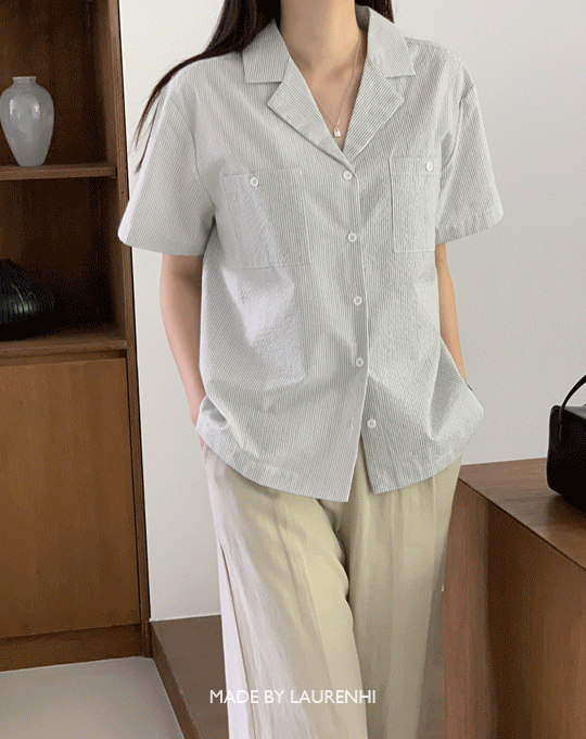 [Made Lauren]뮤엘 더블카라 스트라이프 포켓 반팔 셔츠 - 2 color